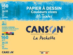 Canson - Pochette papier à dessin couleur - 12 feuilles - 24 x32 cm - 160 gr - mi-teintes vives