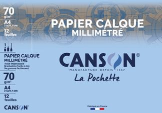 Canson - Pochette papier à dessin calque millimétré - 12 feuilles - A4 - 70/75G