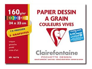 Clairefontaine Dessin à Grain - Pochette papier à dessin  - 15 feuilles - 24 x 32 cm - 160 gr - couleurs assorties
