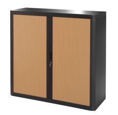 Armoire mi-haute à rideaux EASY OFFICE - 110 x 104 x 41,5 cm - Corps et poignée noir - Rideaux imitation hêtre