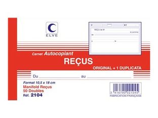 ELVE - Manifold Carnet de reçus - 50 dupli - 10,5 x 18 cm