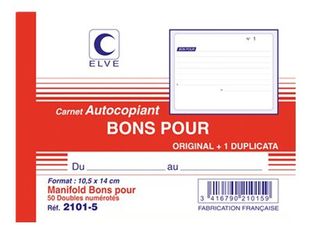 ELVE - Manifold Carnet de Bons pour - 50 dupli - 10,5 x 14 cm