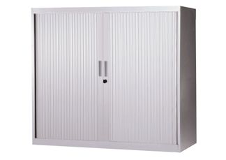 Armoire basse à rideaux - L120  x H105 x P43 cm - 2 tablettes - gris clair