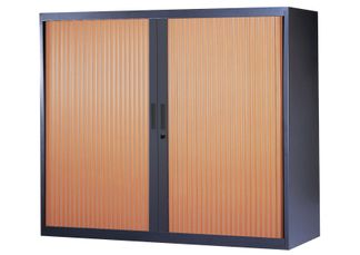 Armoire basse à rideaux - L120  x H105 x P43 cm - 2 tablettes - corps anthracite / porte merisier