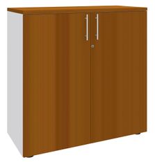 Armoire mi-haute IDRA/DUAL -  L80 x H102 x P47 - 2 portes - 2 tablettes métal DS - Corps blanc - Portes et dessus Merisier