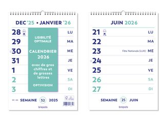 Optivision Wire-O - Calendrier 1 semaine sur 2 pages - caractères agrandis - 21 x 29,7 cm - Brepols