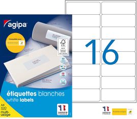Apli Agipa - 1600 Étiquettes adhésives blanches multi-usages - 99,1 x 33,9 mm - coins arrondis - réf 118985