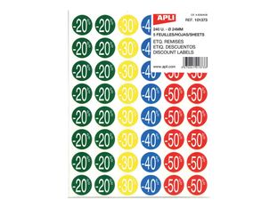 Apli Agipa - 240 Pastilles adhésives - étiquettes remise -20% à -50% - couleurs assorties