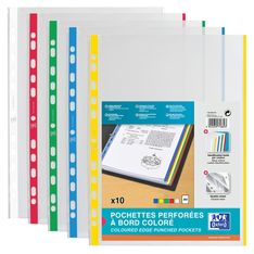 Oxford - 10 Pochettes perforées - A4 - lisse - pour 12 feuilles - 9/100 - 5 coloris vifs