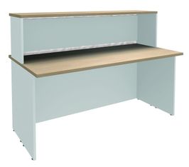 Banque d'accueil LUMINA - avec réhausse - L140 x H115 x P80 cm - Bande translucide Blanche - Finition chêne clair/blanc