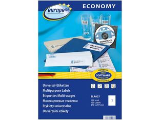 Europe100 - 100 Étiquettes multi-usages blanches - 210 x 297 mm - réf ELA027