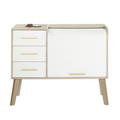 Meuble Cylindre Vintage - 3 Tiroirs Blancs - Pieds Chêne - Rideau blanc