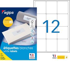 Apli Agipa - 1200 Étiquettes adhésives blanches multi-usages - 63,5 x 72 mm - coins arrondis - réf 100983