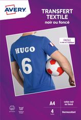 Avery - Papier transfert sur T-shirt/Textile foncé - 4 feuilles A4 - impression jet d'encre