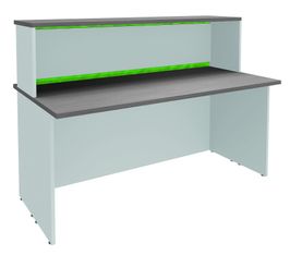 Banque d'accueil LUMINA - avec réhausse - L160 x H115 x P80 cm - Bande translucide Anis - Finition chêne gris/blanc