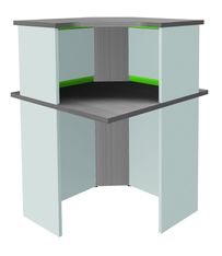 Banque d'accueil en angle 90° LUMINA - avec réhausse - L80 x H115 x P80 cm - Bande translucide Anis - Finition chêne gris/blanc