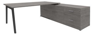 Bureau STEELY Manager - L180 x P100 x H72,5 cm - console retour à droite (2 tiroirs) L200 x P60 x H72,5 cm - pieds carbone - plateau imitation chêne gris