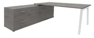 Bureau STEELY Manager - L180 x P100 x H72,5 cm - console retour à gauche (2 tiroirs) L200 x P60 x H72,5 cm - pieds blanc - plateau imitation chêne gris