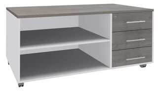 Console mobile LEVEL/STEELY/WOODY - L120 x H63 x P60 cm - 3 tiroirs - coté Blanc - finition façade et dessus imitation Chêne gris