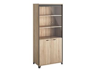 Armoire haute MAMBO - L80 x H187 x P46 - 2 portes vitrées, 2 portes pleines - Chêne Sonoma/noir