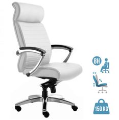Fauteuil de bureau WILLIAM - accoudoirs articulés - appui-tête intégré - cuir blanc