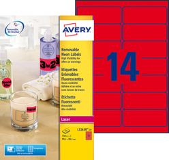 Avery - 350 Étiquettes amovibles rouge fluo - 38,1 x 99,1 mm - Impression laser - réf L7263R-25