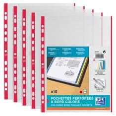 Oxford - 10 Pochettes perforées - A4 - lisse - pour 12 feuilles - 9/100 - Rouge