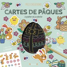 Cartes à gratter et à colorier Pâques Pochette avec 4 cartes à gratter, 4 cartes à colorier, 2 planches de stickers et un bâtonnet À partir de 6 ans