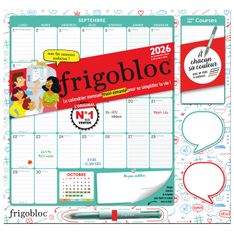 Frigobloc Mensuel 2026 avec un stylo 4 couleurs ! (de sept. 2025 à déc. 2026)