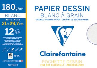Clairefontaine Dessin à Grain - Pochette papier à dessin - 12 feuilles - A4 - 180 gr - blanc