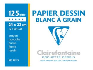 Clairefontaine Dessin à Grain - Pochette papier à dessin - 12 feuilles - 24 x 32 cm - 125 gr - blanc
