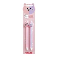 Duo de stylos effaçables bleus 0,5 mm Back2Fun - têtes chat et tigre - design kawai