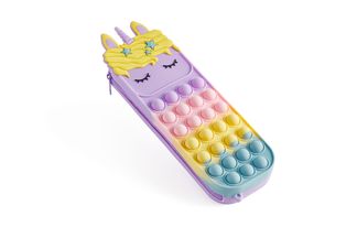 Trousse Pop‑It licorne lavande multicolore avec bulles antistress et surface lavable douce