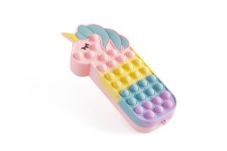 Trousse Pop‑It licorne rose multicolore avec bulles antistress et surface lavable douce
