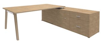 Bureau WOODY Manager - L210 x P100 x H72,5 cm - console retour à droite L200 x P60 cm - pieds blanc - plateau imitation Chêne clair