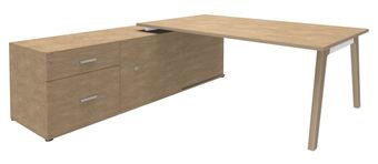 Bureau WOODY Manager - L210 x P100 x H72,5 cm - console retour à gauche L200 x P60 cm - pieds blanc - plateau imitation Chêne clair