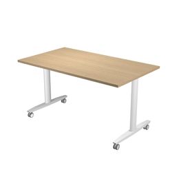 Table de réunion TAXI - Mobile et pliable - L140 x P80 x H37 cm - pieds métal blancs - plateau chêne