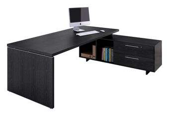 Bureau Manager FLORA - avec console retour réversible - L195 x P170 cm - pieds panneaux - plateau imitation frêne noir
