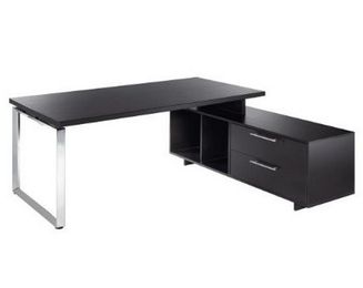 Bureau Manager FLORA - avec console retour réversible - L195 x P170 cm - pieds cadre en métal effet chromé - plateau imitation frêne noir