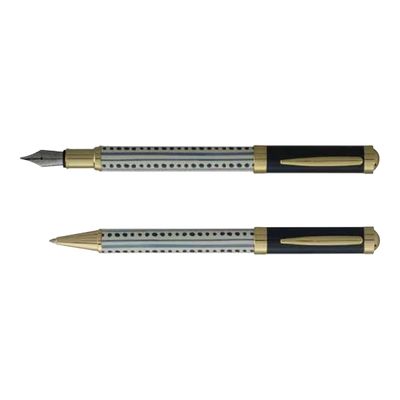 3219918262722-Enzo Varini Palazzo Maiolica - Parure de stylo à bille et stylo plume - acier bleu et doré-Avant-0