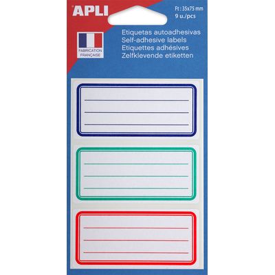 3270241119817-Apli Agipa - 9 Étiquettes scolaires cadre et lignes bleus, rouges, verts - 81 x 36 mm - réf 111981--0