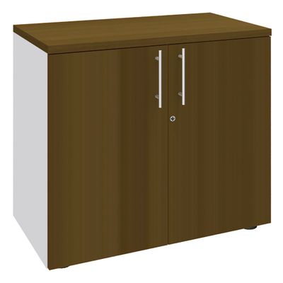 3253310270213-Armoire basse IRIS - H72 x L80 x P47 - 2 portes - Corps Blanc perle - Dessus et portes imitation noyer--0