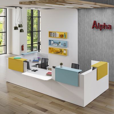3253310542860-Banque d'accueil OLA - Ensemble composé de modules hauts(x2) + PMR + retours (x2) + tablettes (x2) jaune + (x2) bleu - L425 x P237,5--3