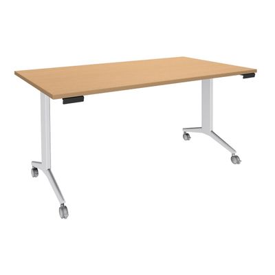 3253310160231-Table de réunion abattantes - L140 x P80 cm - pied blanc - plateau imitation hêtre --0