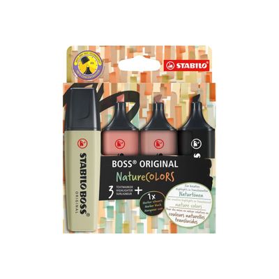 4006381603126-STABILO BOSS ORIGINAL NatureCOLORS - 4 Surligneurs - terre d'ombre, Sienne, vert boueux, noir-Front-0