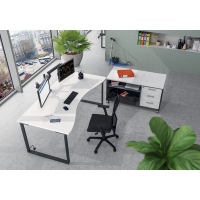 0404000123873-Bureau vague symétrique LOFTER - L180 cm - Plateau imitation chêne clair - pied Blanc--1