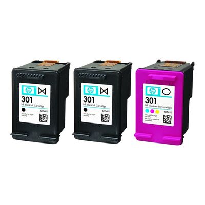 888182034569-HP 301 - pack de 3 - noir x2 et 3 couleurs - cartouche d'encre originale (E5Y87EE)-Angle droit-0