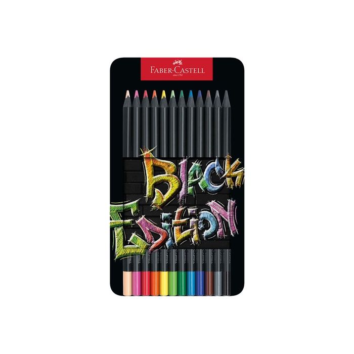 Faber-Castell Black Edition - 12 Crayons de couleur - couleurs brillantes  assorties - boîte métal Pas Cher