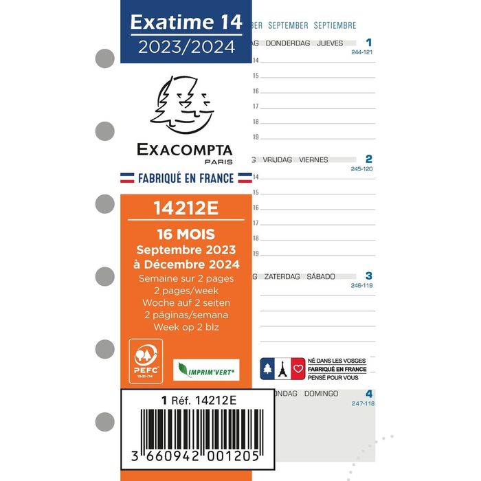 Exacompta Exatime 14 - Recharge (septembre à décembre) pour organiseur - 1  semaine sur 2 pages - 8,1 x 12,6 cm Pas Cher