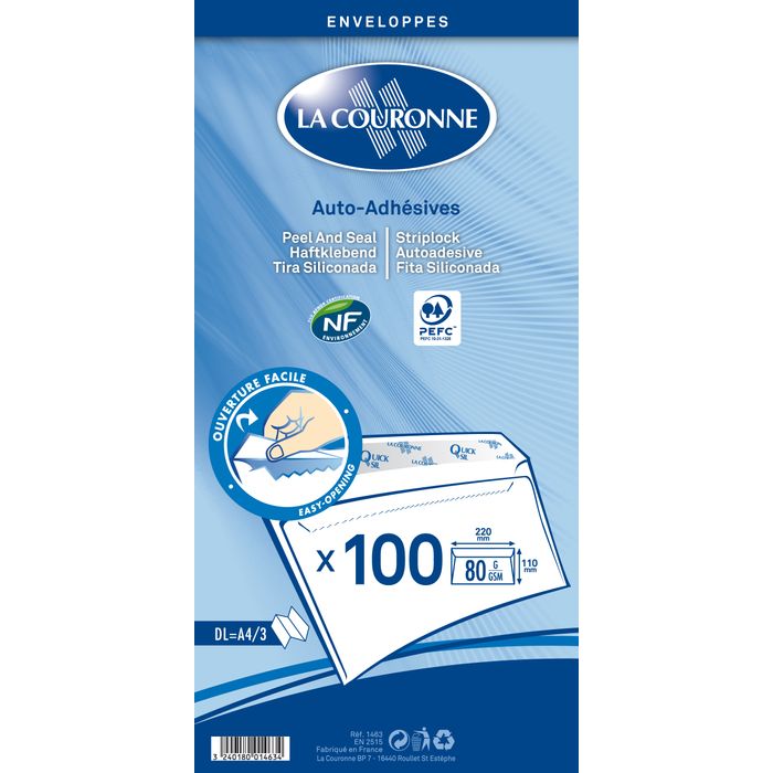100 Enveloppes DL 110 x 220 mm sans fenêtre papier velin 80 gr